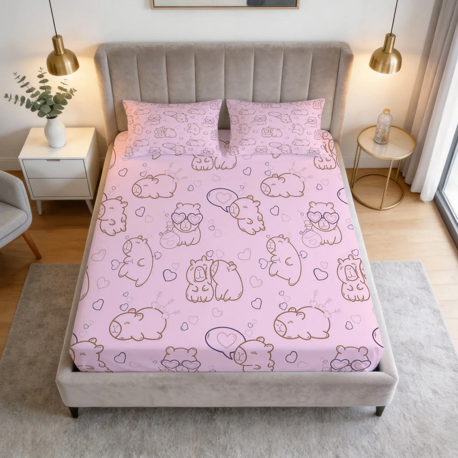3-Piece Cartoon Capibala Pattern Bed Sheet Set, Including 1 Bed Sheet And 2 Pillowcases (Excluding Pillow Core), Comfortable Bedding, Non Slip Suitable For Bedrooms, Suitable For Children And Teenagers As Gifts And Decorations