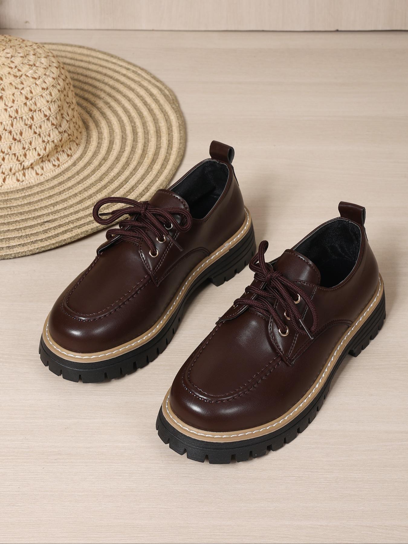 Women's Fashionable Solid Color Lace Up Loafers, Casual Comfortable Round Toe Office Commuting Shoes for Daily Wear, Lightweight Breathable Shoes for Women & Girls, Closed, Casual Business Shoes