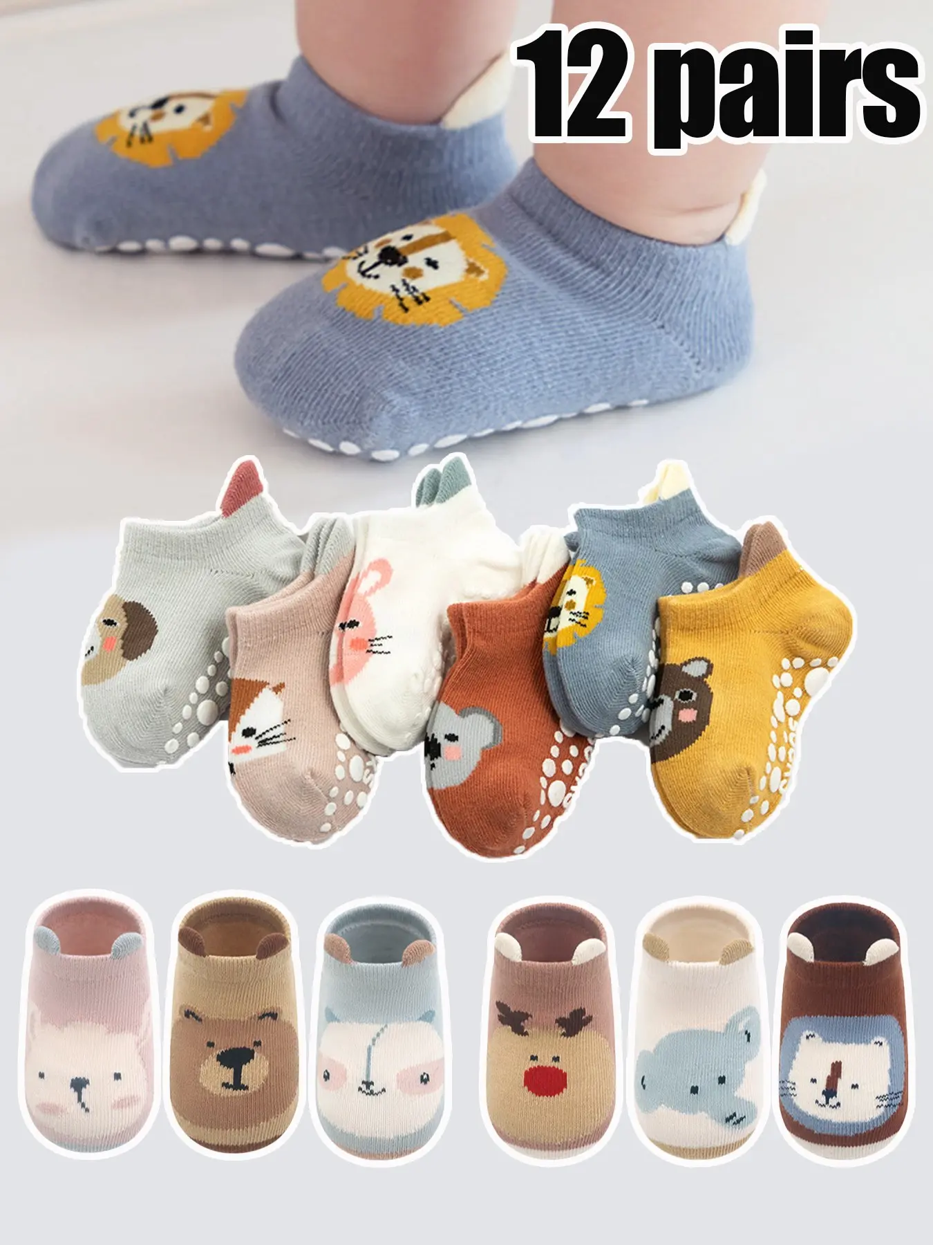 3/6/12 Pairs  Non-Slip Walking Socks, Soft Sole Baby Floor Socks, Toddler Grip Socks, Cute Animal Print, All Seasons, Boys' and Girls' Socks, Toddler Socks with Grips