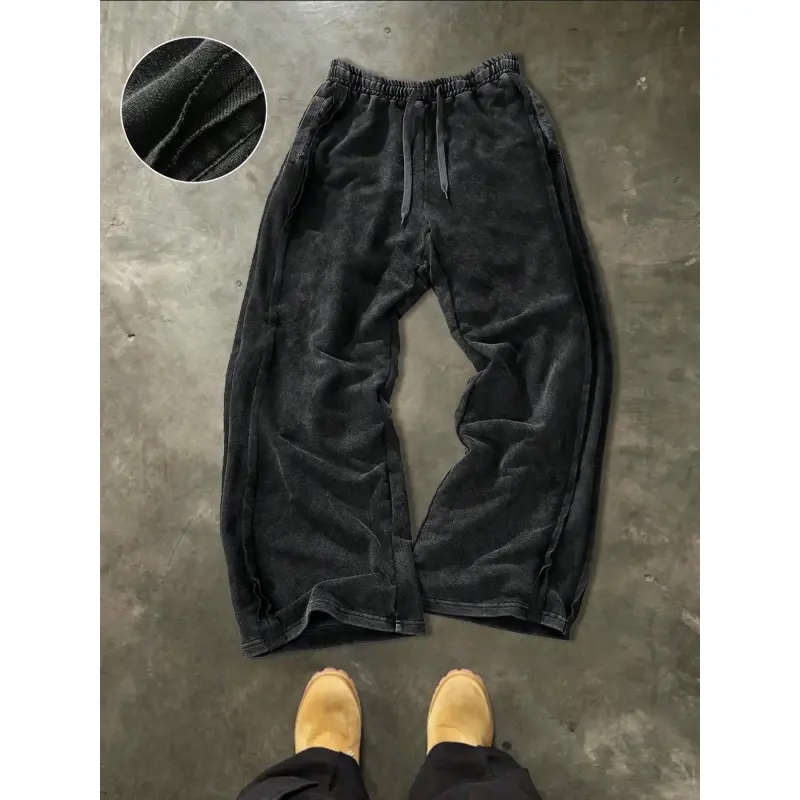 Men's Young Street Style Cotton Jogger Pants, Loose Fit Wide Leg, Elastic Waist Knit Sportswear, Washed Cotton Fabric, Exposed Seam Design, Athleisure Casual Bottoms