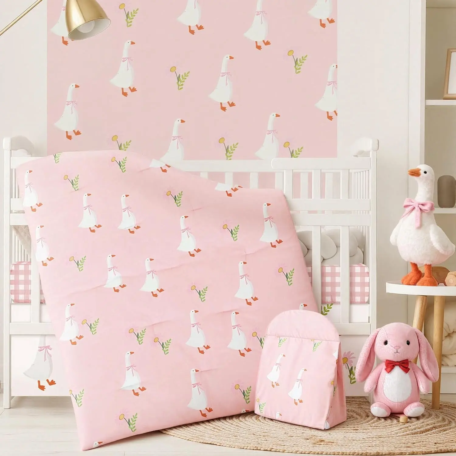 4 Piece Goose Crib Bedding Set Including Crib Skirt, Blanket, Sheet and Diaper Stacker, Soft Neutral Nursery Standard Size Baby Bedding for Baby Girls and Boys