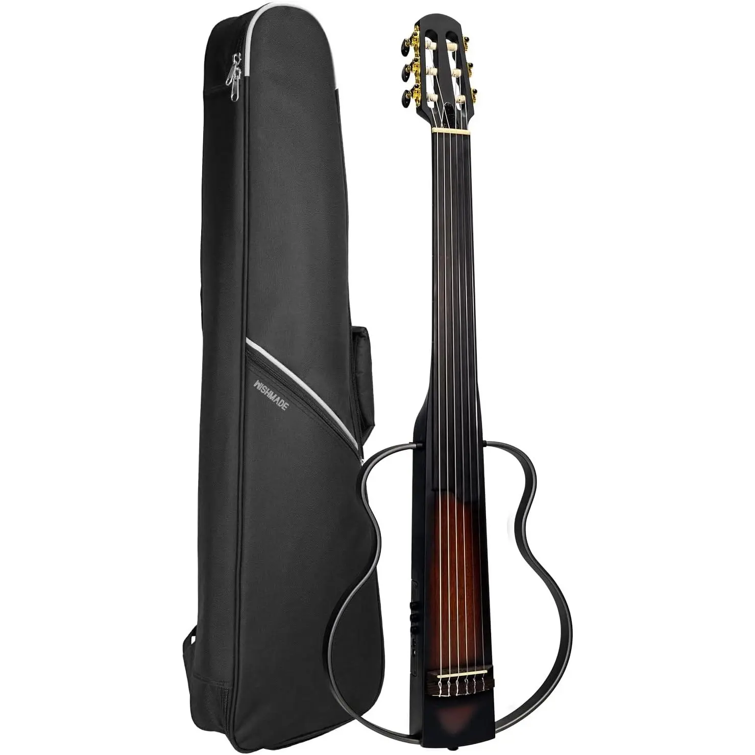 WishMade Fretless Classical Electric Nylon String Silent Travel Guitar SB |   Removable alloy frame for travel, headphone practice mode, all-mahogany body with warm tone, built-in pickup for stage use