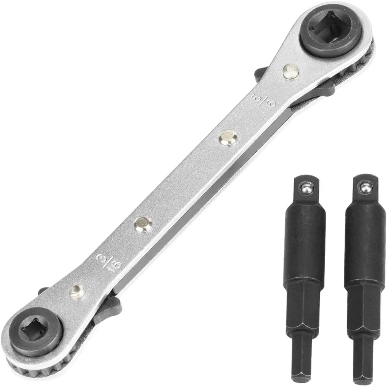4-in-1 HVAC Service Wrench Tools for HVAC 3/16”, 1/4”, 5/16”, 3/8” | Refrigeration wrench for HVAC for refrigeration equipment repair and routine service work, 2 hexagon bit adapters