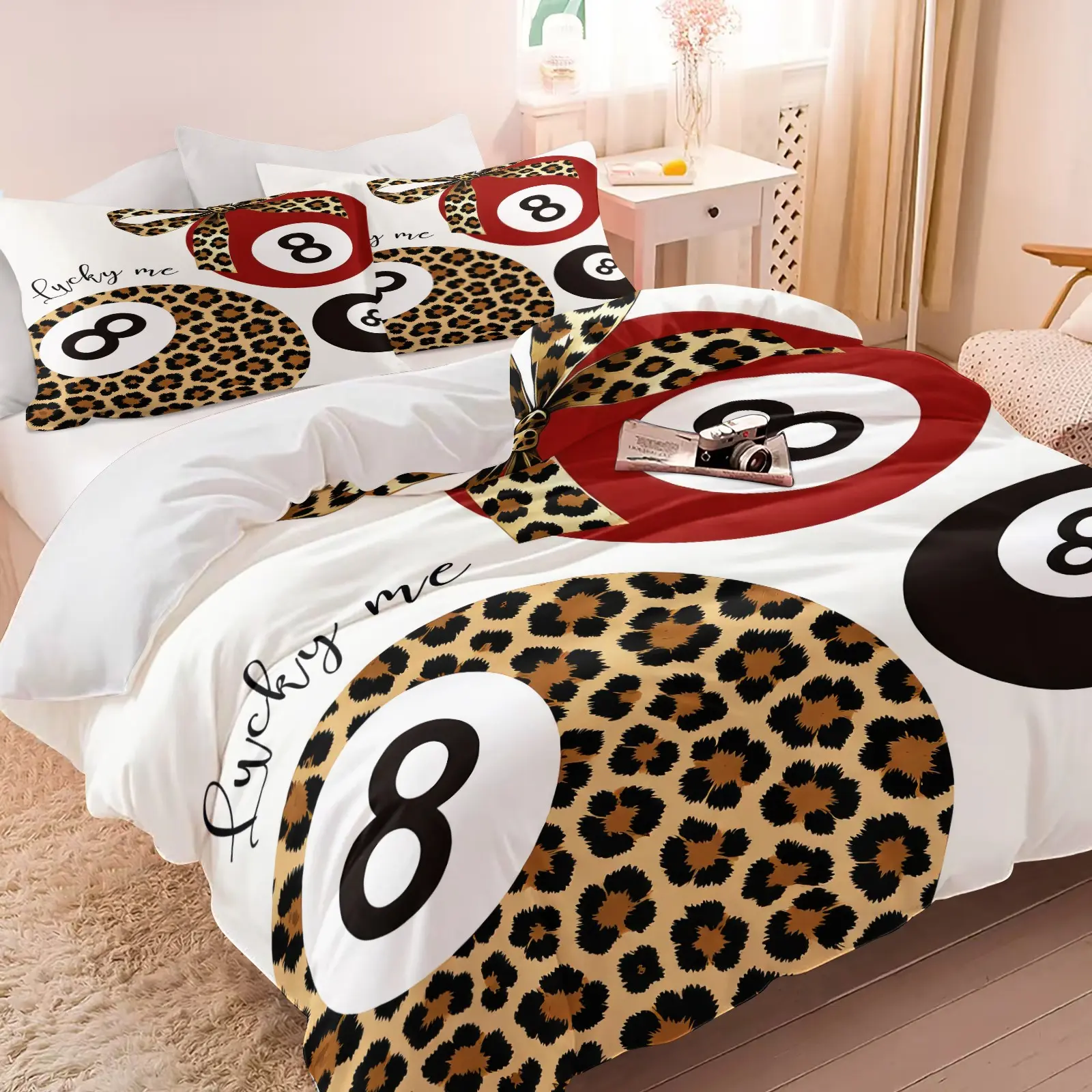 Retro Leopard Lucky 8 Ball Duvet Cover Set, Comfy Bedding Sets, 1 Duvet Cover & 1/2 Pillowcase No Filling, Stylish Vintage Bedding Set, Trendy Preppy Room Decor for Teen Girls Dorm, Apartment & Bedroom Refresh