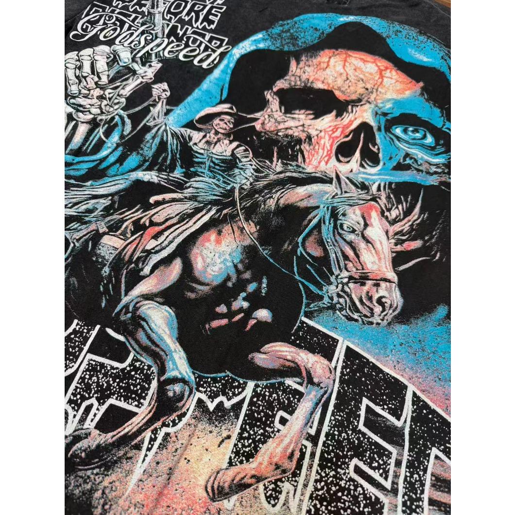 Real Photo Original Label Ripped Hot Drill Godspeed Short Sleeves T Shirt American Cotton Vintage Washed Rhinestone Bling Oversized Loose Unisex Round Neck Streetwear Hip Hop Y2K Casual Tops Tees With Tags For Men Women