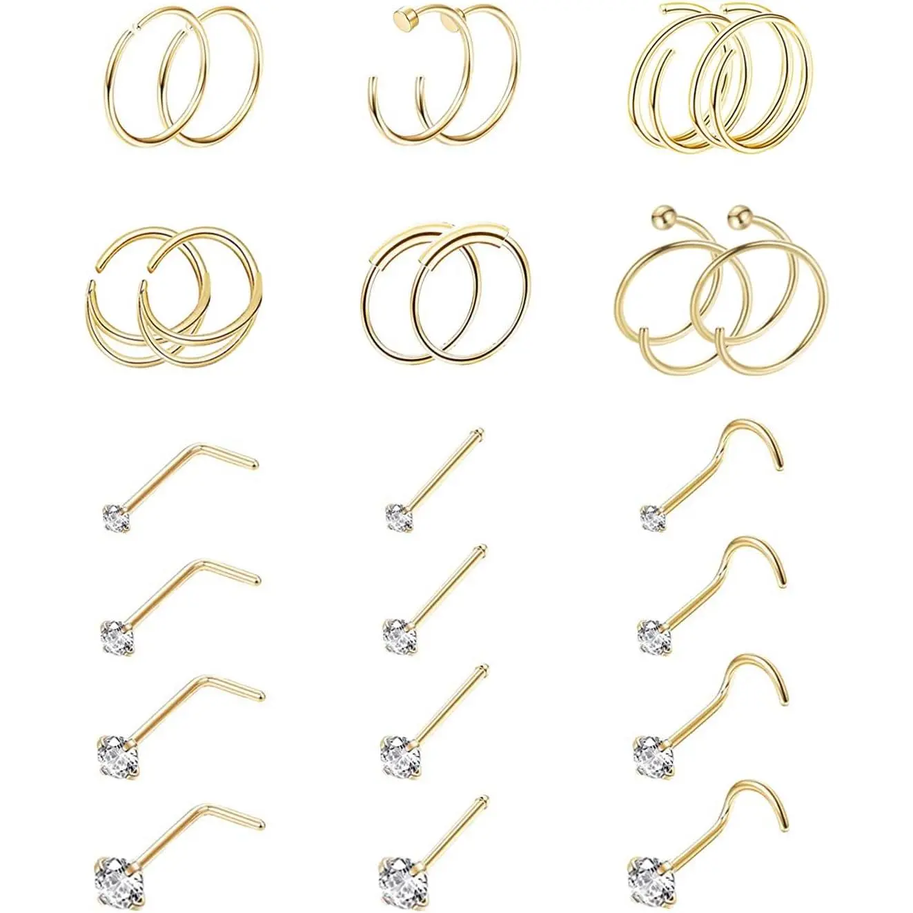 24 count 22G 316L Stainless Steel Nose Rings Hoop for Women Men Nose Studs CZ Cartilage Helix Tragus