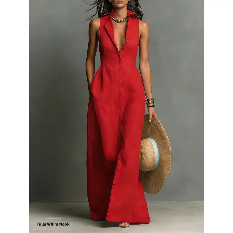 Women's European Style Casual Shirt Dress - Sleeveless Solid Color Collared Button-Up A-Line Midi Dress, Plus Sizes Available, Normal Type, Graceful Look for Daily Wear, Collared Neck