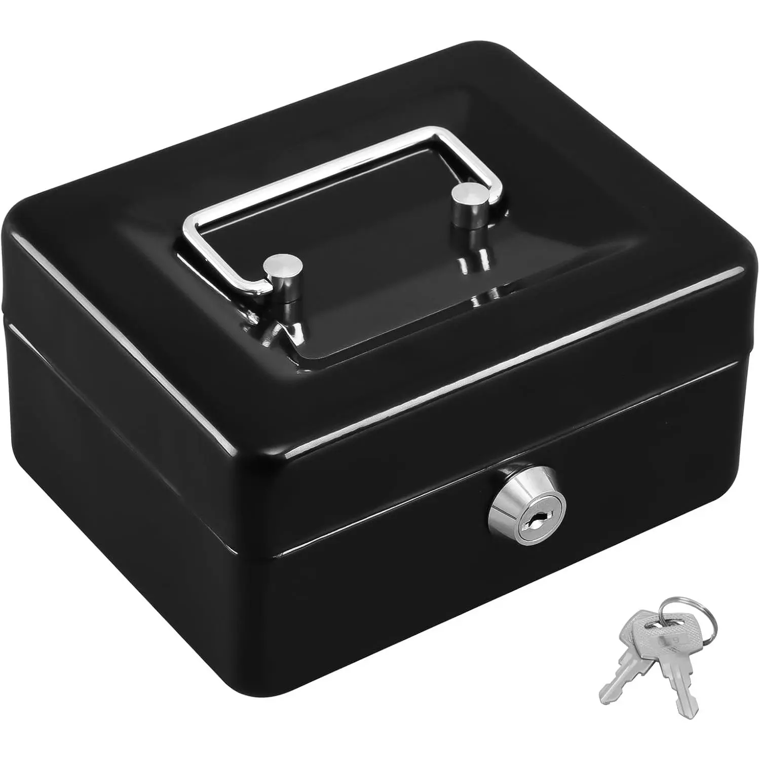 Small  Box with Removable  Tray, Key Lock Metal Storage Box with 2  & Portable Handle, Safe  Drawer, 5.91"x 4.72"x 3.15", Black