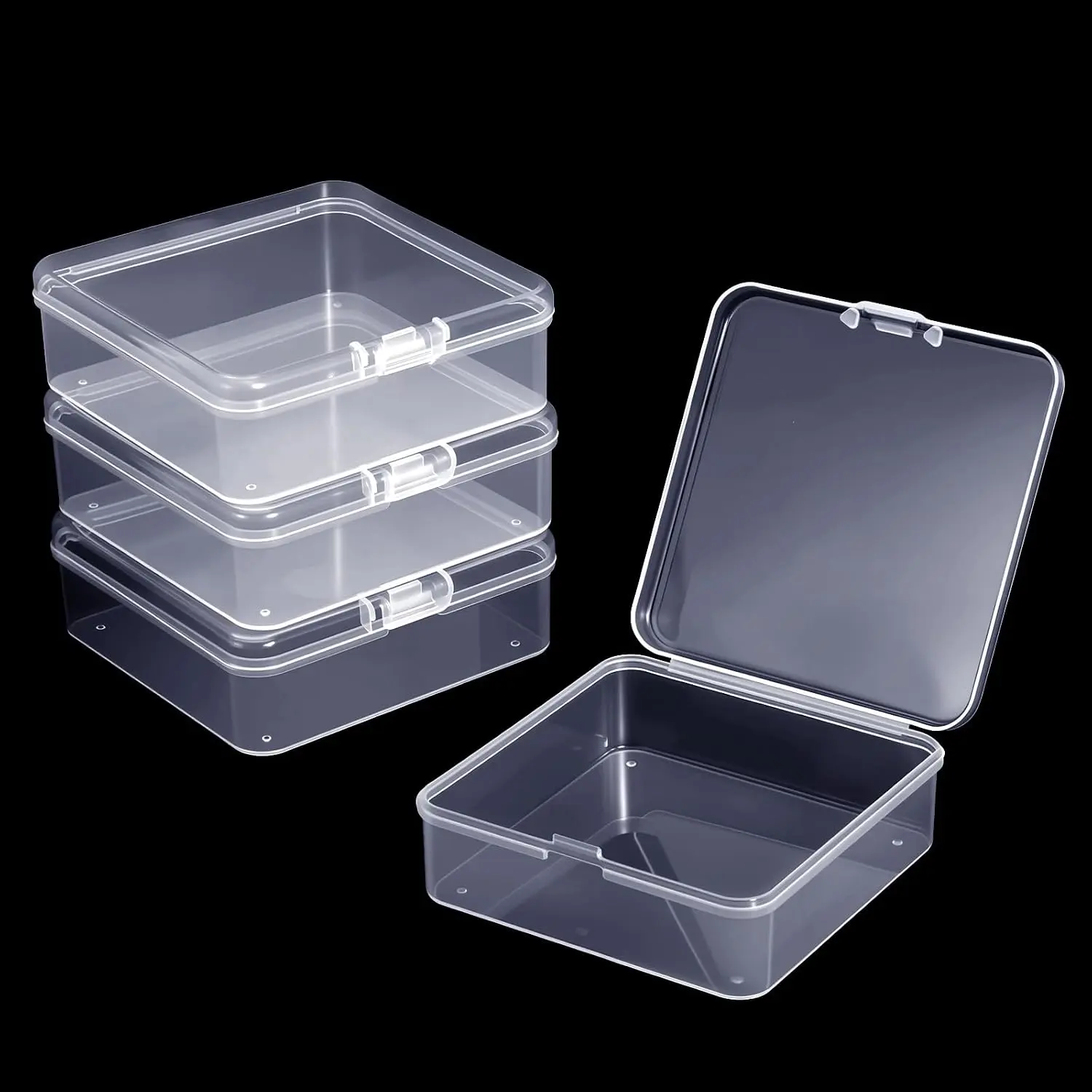 4 count Small Plastic Containers, Square Clear Small Plastic Box with Hinged Lid, 2.9 x 2.9 Inches Mini Storage Containers for Beads,  Pieces, Crafts and Mini Items