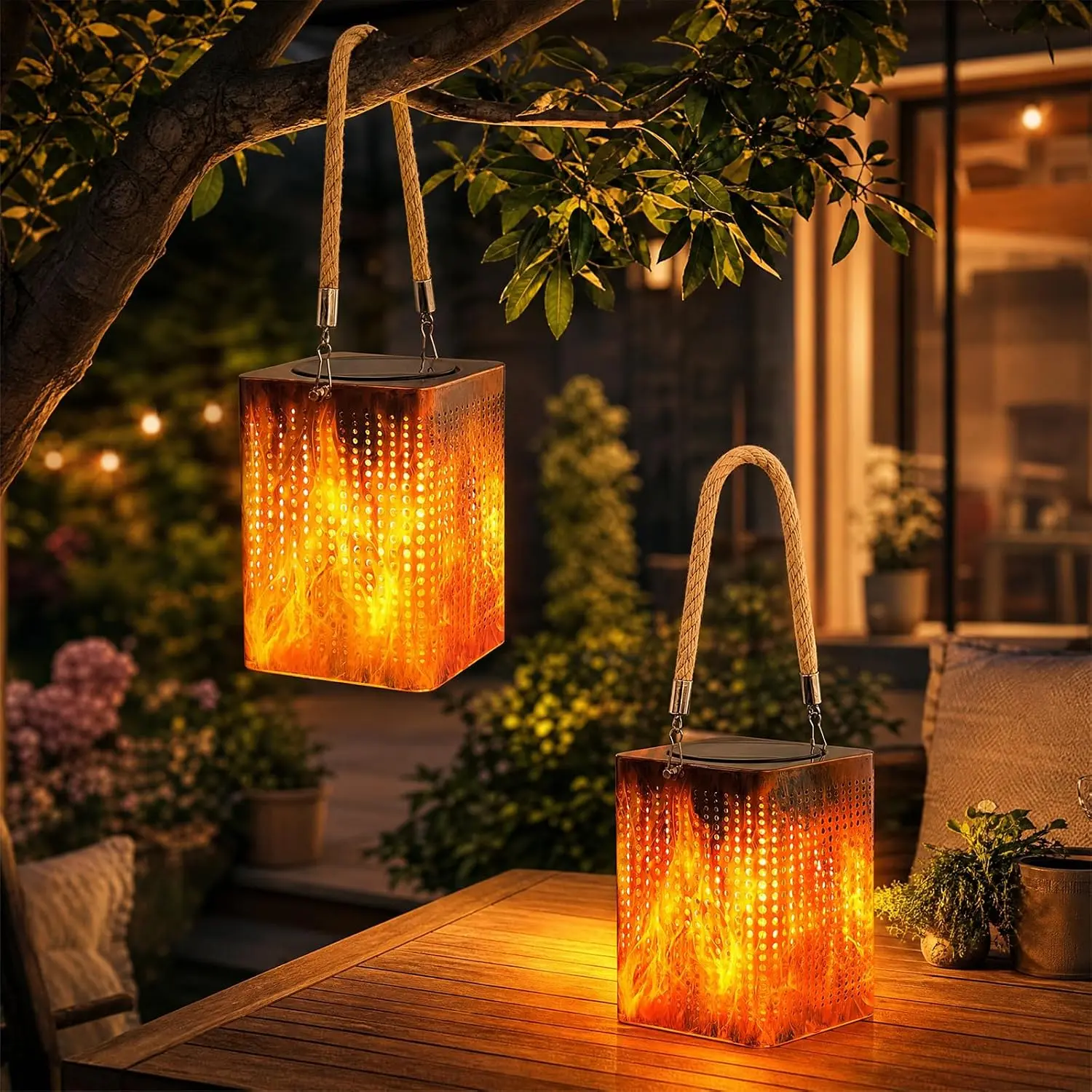 Solar Flame Lantern Outdoor  - 2 Pack  Solar Lights with Flickering Flame Effect, IP65 Weather Resistant LED Lanterns for Garden Patio Porch Balcony Decor