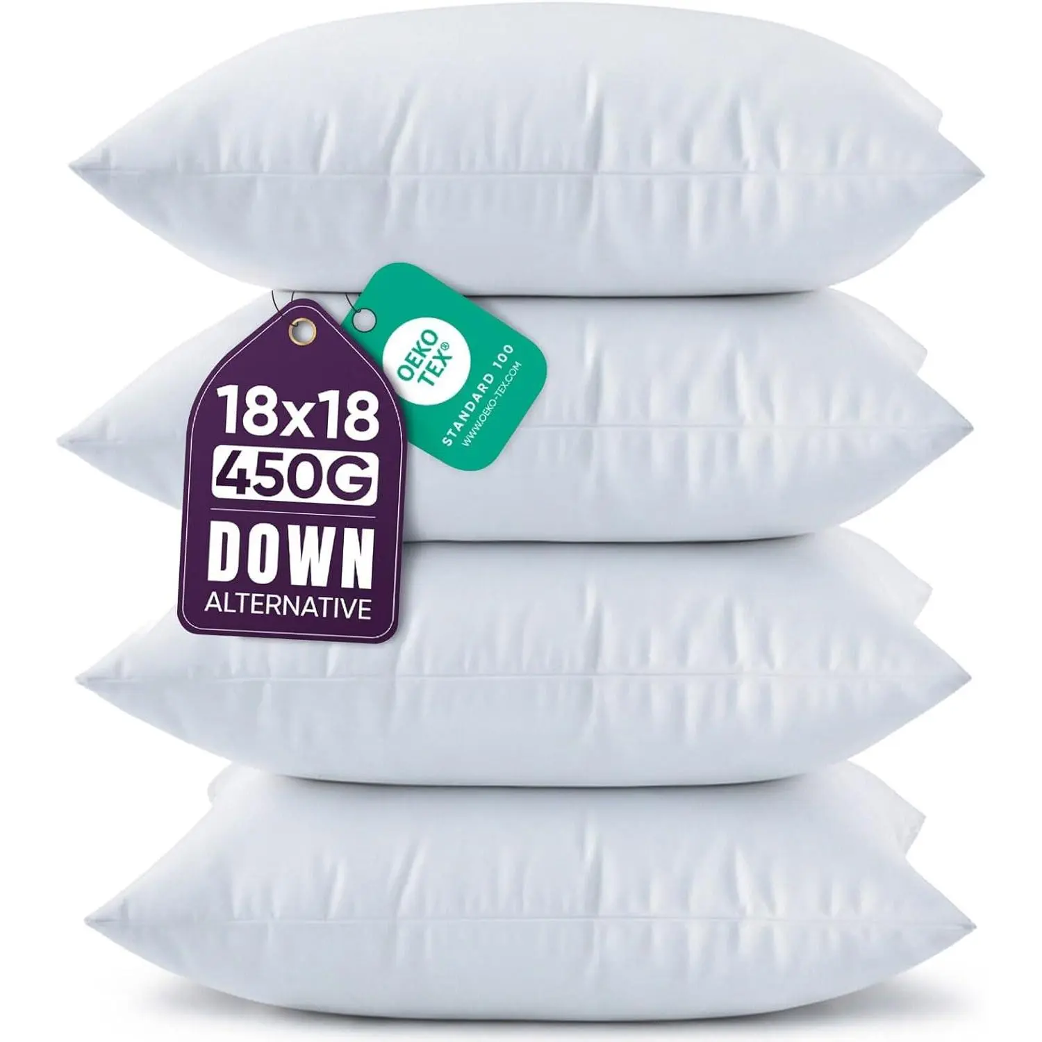 Beddora Throw Pillows (Set of 4, White) 18x18 Pillow Inserts Down Alternative, Throw Pillows for Couch, Bed or Sofa- Decorative Stuffer Pillow for Indoors & Outdoors