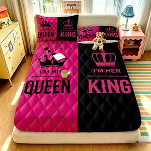 3pcs Crown Patchwork Diamond King Queen Slogan Printed Fitted Sheet Set, 1 Fitted Sheet + 2 Pillowcases, No Insert, Soft Comfortable Bedspread, Deep Pocket Design, For All Rooms