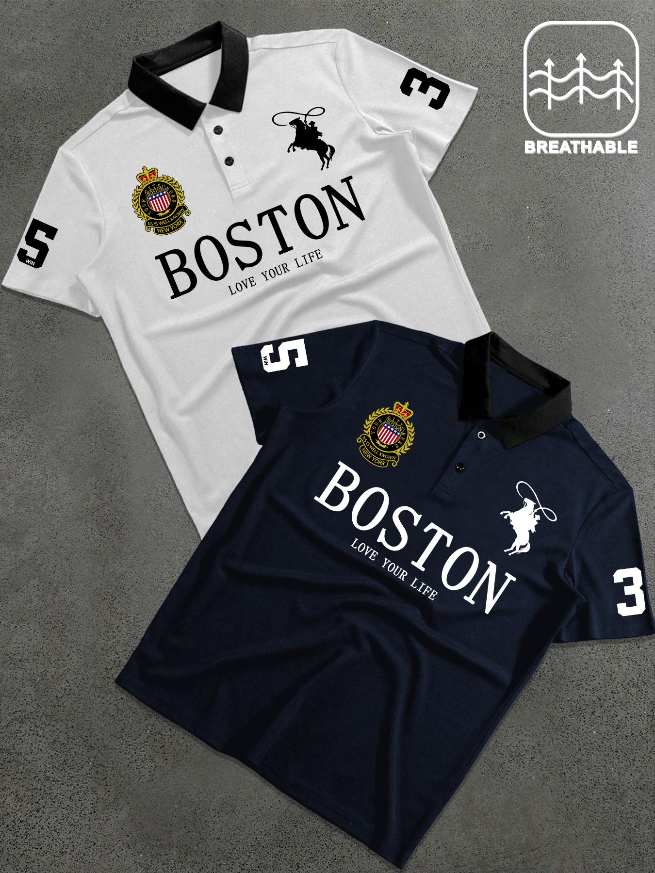 Men's Letter & Number Print Polo Shirt, Fitted Casual Collared, Regular Fit Casual Short Sleeve Top for Daily Outdoor Wear, Fashion Men's Clothes for All Seasons