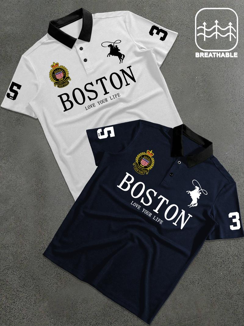 Men's Letter & Number Print Polo Shirt, Fitted Casual Collared, Regular Fit Casual Short Sleeve Top for Daily Outdoor Wear, Fashion Men's Clothes for All Seasons