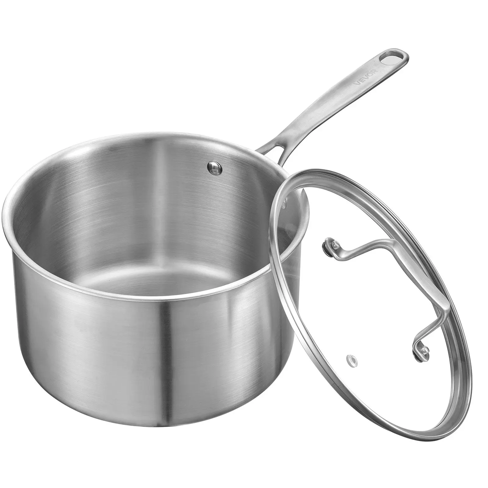 【Summerfinds】VEVOR 4 QT Stainless Steel Cooking Saucepan Pot - Nonstick Tri-Ply Thermal Cookware with Glass Lid, Ergonomic Handle, Natural Metallic Finish, Oven/Induction Compatible, Dishwasher Friendly (Aluminium Core) for Everyday Use, Smooth, Meat