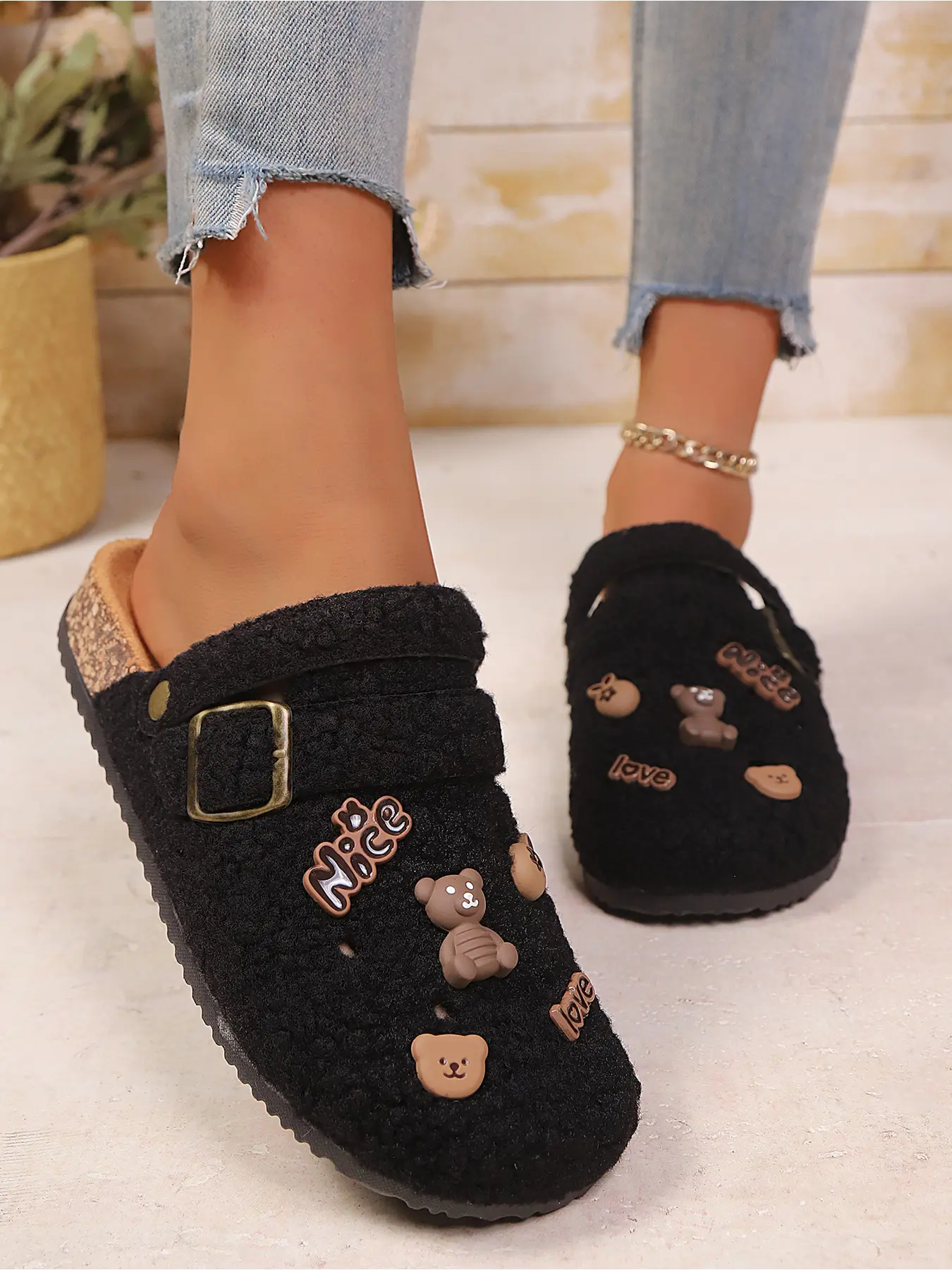 Women Teddy Fleece Clog Mules, Cute Bear DIY Charms Decor Backless Mules, Adjustable Buckle Fluffy Warm Slip On Casual Fall Winter Shoes