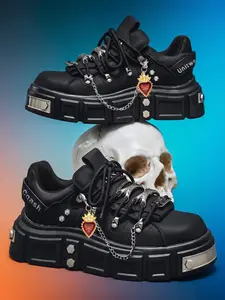 Men's High-End Thick Sole Chain Gold Crown Decorative Casual Ice Skates, Punk Street Style Anti-Slip Height Increase 5cm Sports Shoes