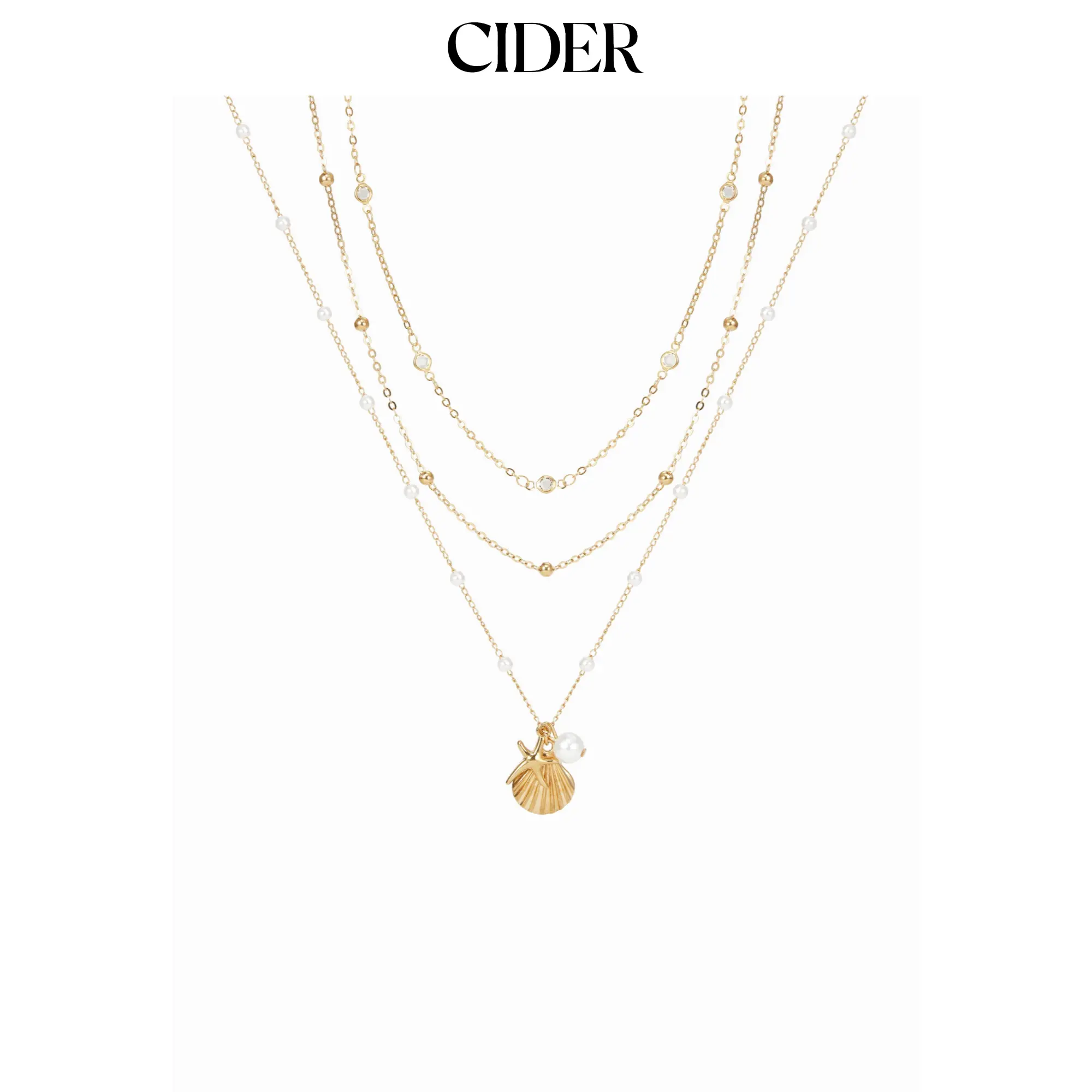 Cider SHELL & STARFISH & FAUX PEARL LAYERED NECKLACE Cider SHELL & STARFISH & FAUX PEARL LAYERED NECKLACE
