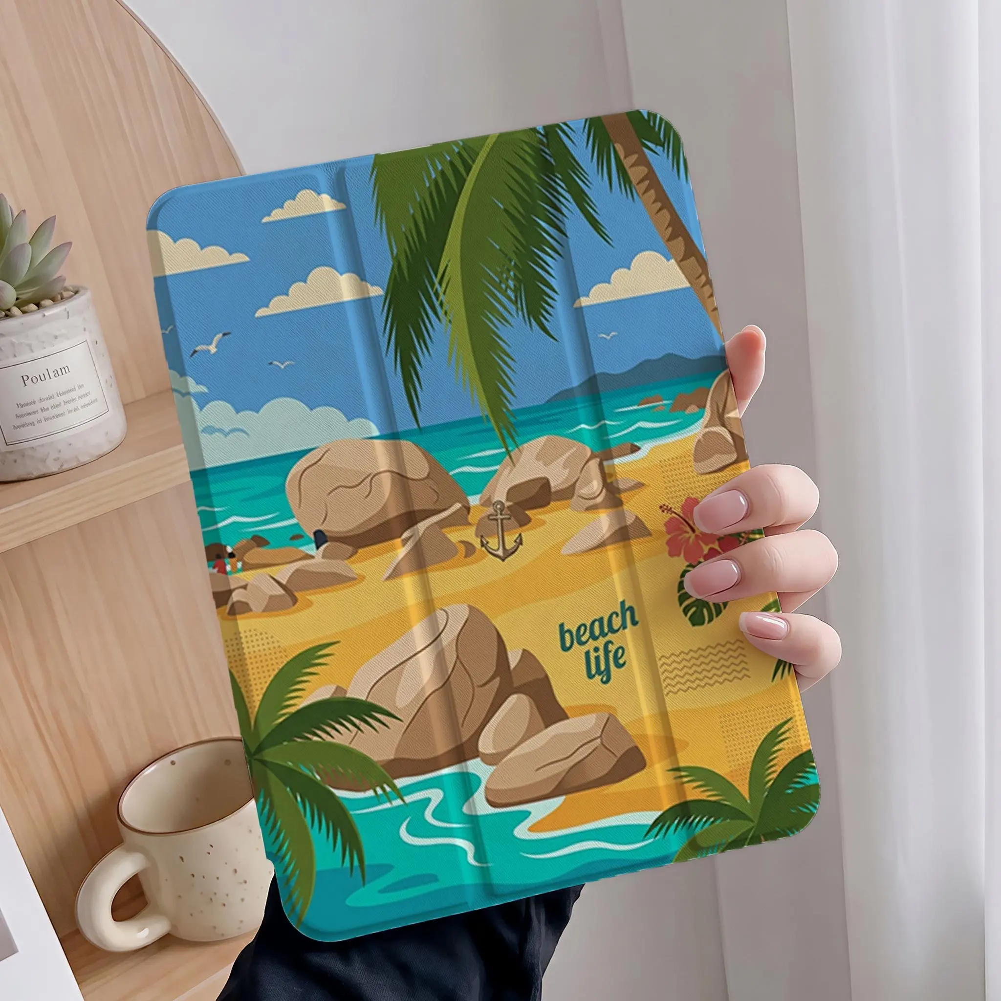 Tablet Case Tropical Beach Palm Tree for 2026 New iPad Pro 13 11 Air 6 5 4 M4 iPad 10th 10.9 Smart Folio Style Auto Wake Sleep Pencil Holder Summer Vacation Gift