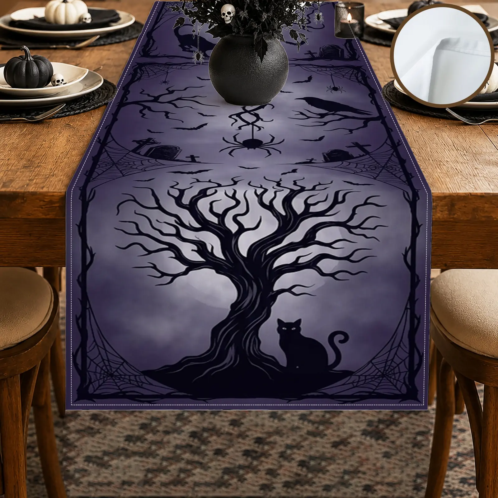 1pc Black Cat Spider Web Tree Table Runner, Gothic Halloween Style, Decorative Border and Spooky Graphic Print, for Dining Table Halloween Party Home Decor Seasonal Table Decor