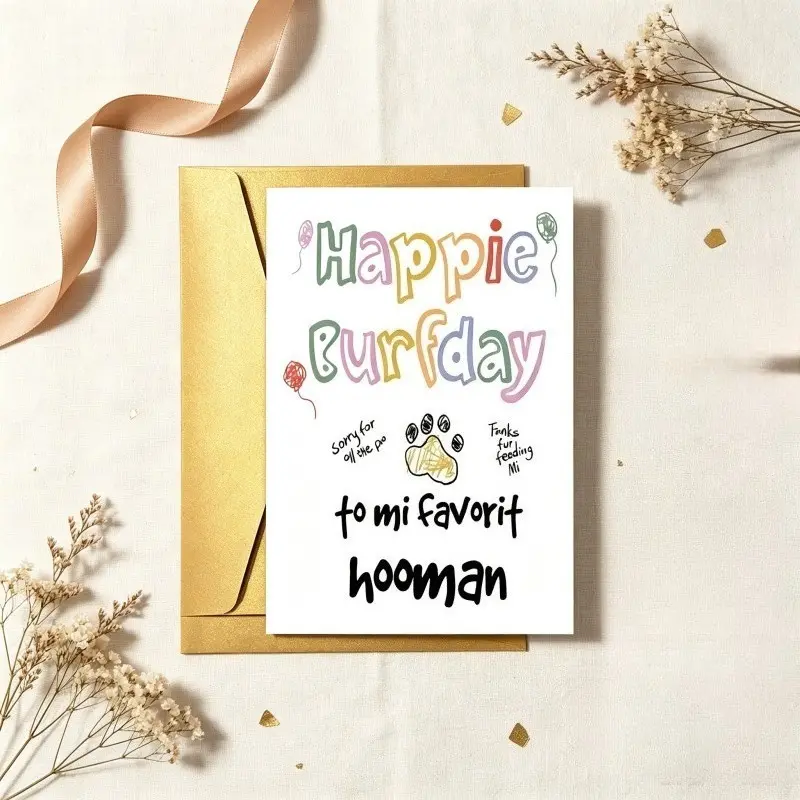 Fun misspelled birthday card, given to the owner in the voice of a dog, with the words' Sorry for defecating everywhere 'and' Thank you for feeding 'printed on it. Paired with the same gold envelope, it is a creative birthday card for pet parents