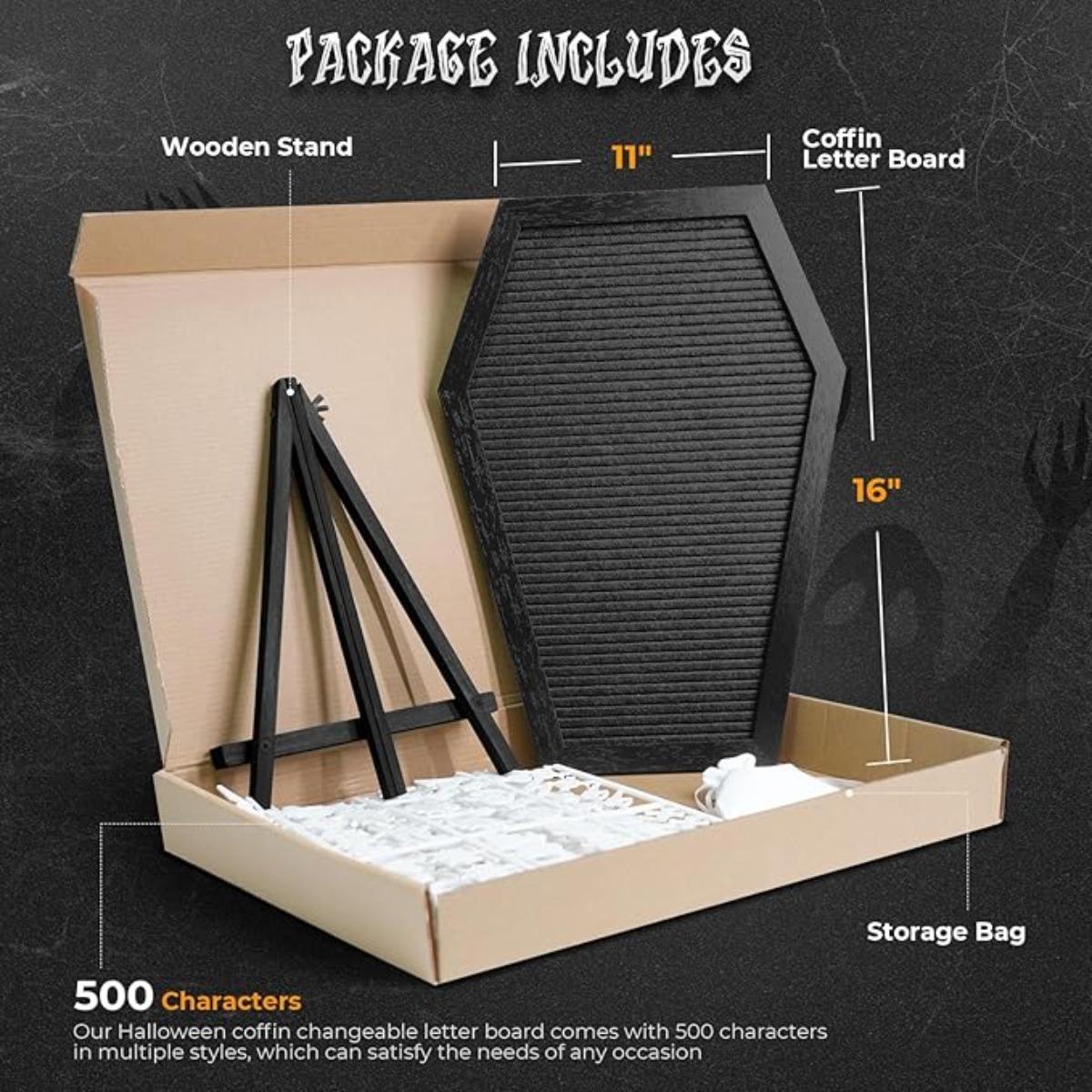 Coffin Letter Board Sign with 500 Characters Spooky Halloween Characters Wooden Stand and Canvas Bag 16 x 11 Inches Halloween Coffin Felt Letter Board for Home Gothic Halloween Decor