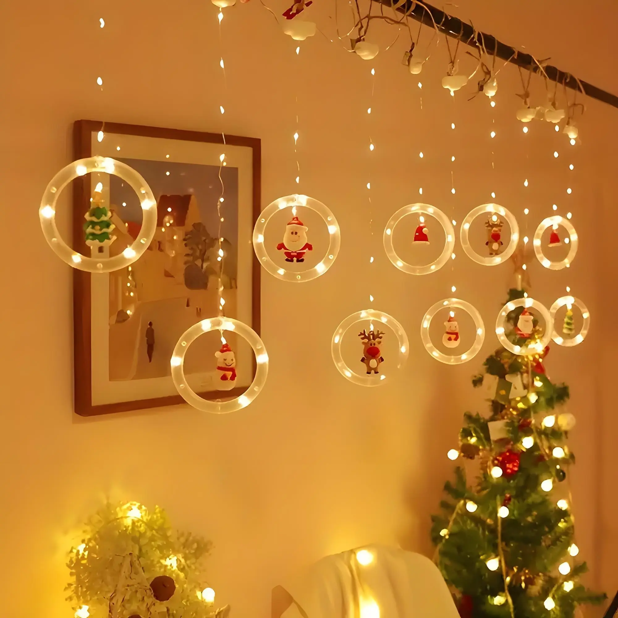 Christmas Tree Santa Curtain Light Ring, DIY Holiday LED String Lights for Room Window Decoration, Festive Atmosphere Lighting Accessory