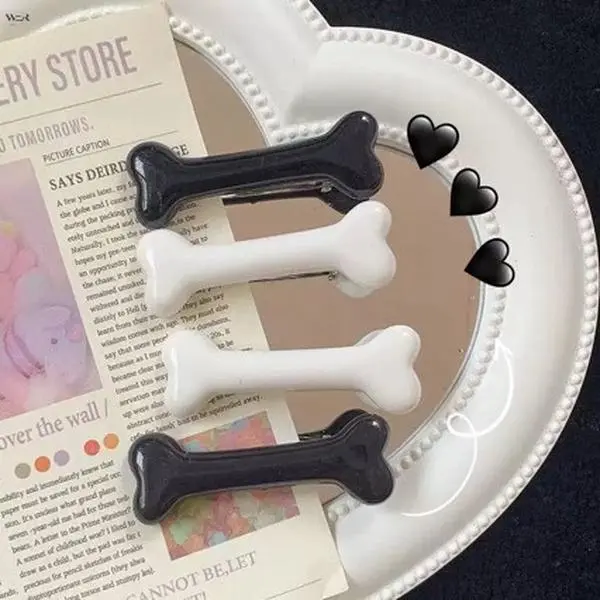 5.5cm Cute Bone Shaped Hair Clip 2 Color Options White Black Glossy Resin Duckbill Barrette Y2K Harajuku Punk Dog Pet Theme Bangs Side Hair Fixer Teen Girls Kawaii Small Hair Accessory Gift