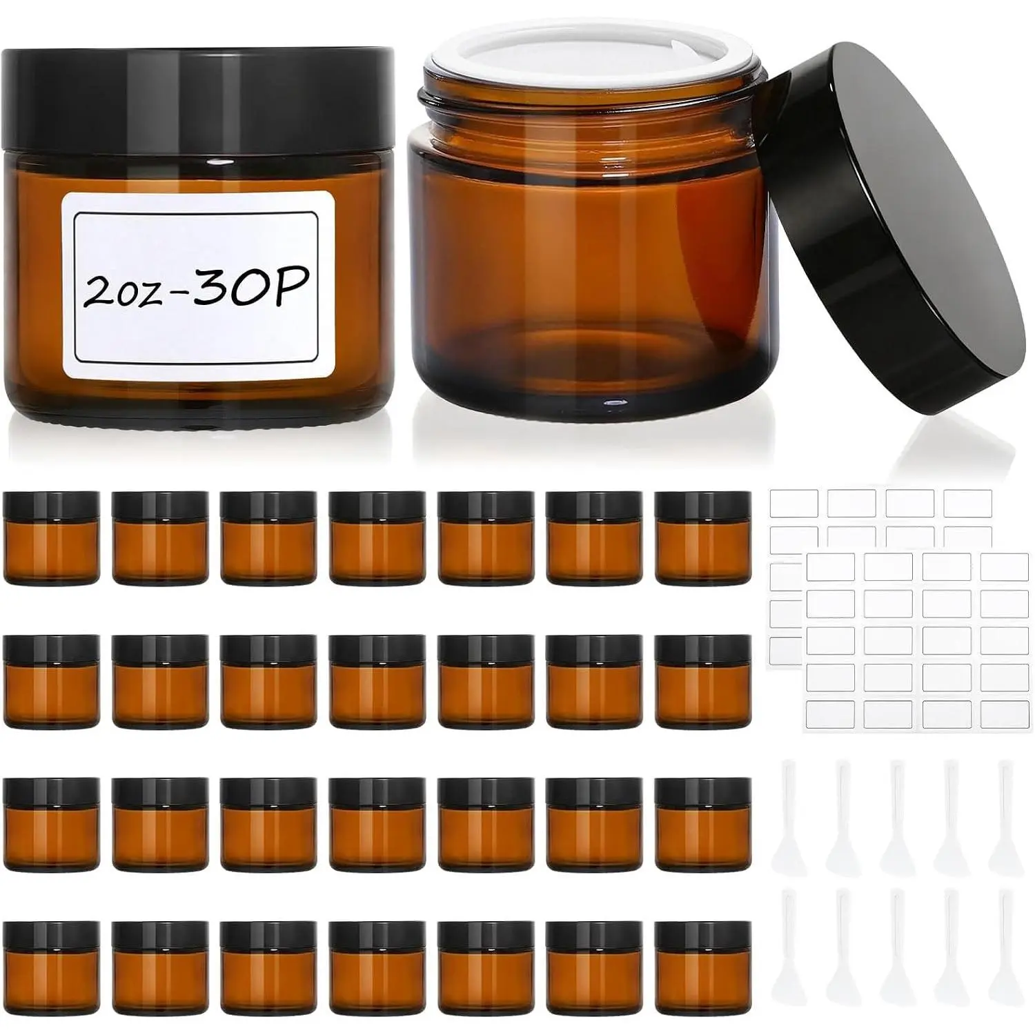 30 Pcs 2 oz Amber Glass Jars with Lids, 60 Labels & 10 Spatulas | Leakproof UV-Protective Round Glass Containers for Essential Oils, Spices, Candle Making, DIYGift