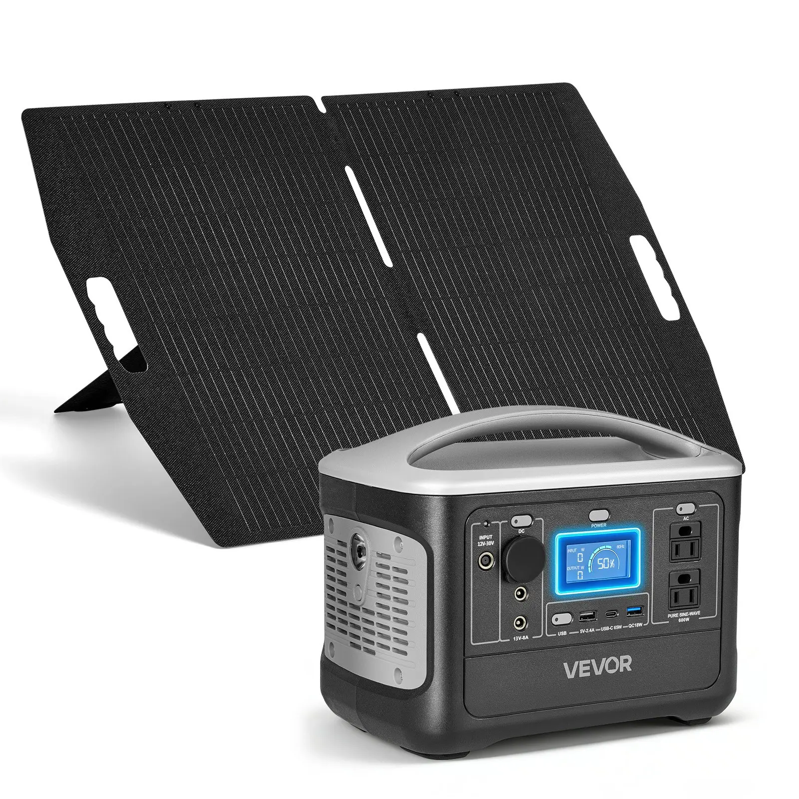 VEVOR 600W Gen Portable Power Station, 493Wh LiFePO4 Battery Backup with 100W Panel & 8 Output Ports, Solar Power Generators for Home Emergency, Outdoor Camping
