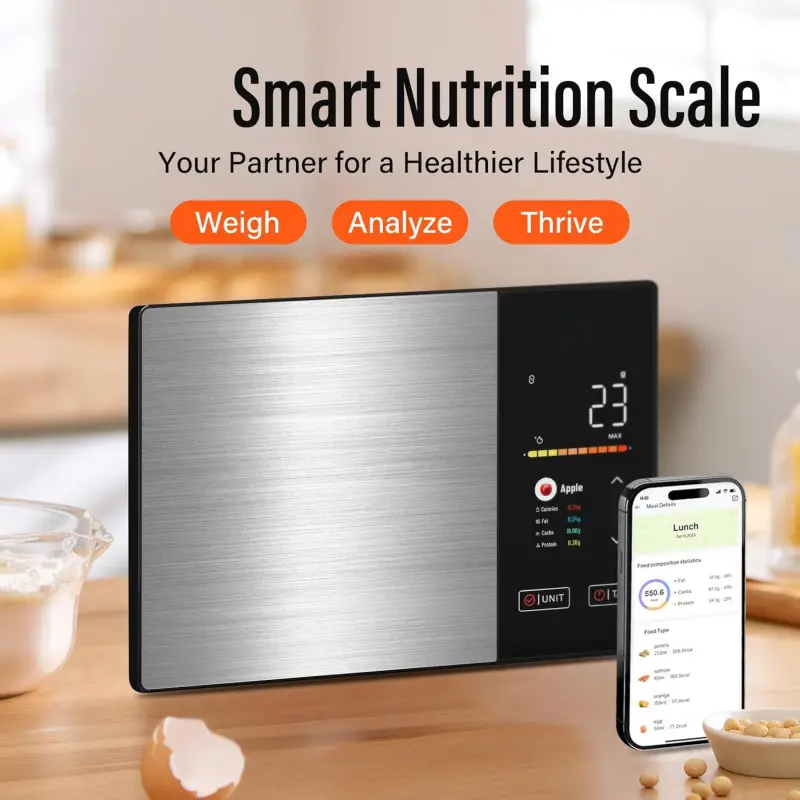 Smart Digital Kitchen Food Scale with Nutrition Calculator, HD TFT Color Display, Bluetooth APP for 999+ Foods, Calorie & 24 Nutrients Tracking, 5000g Capacity, Batteries Not Included