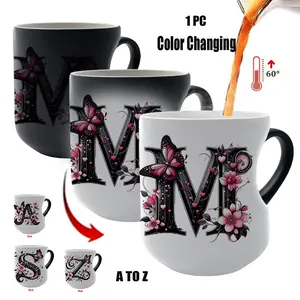 Butterfly Initials Heat Sensitive Magic Mug, Funny Mom Mug, Color Changing Heart Design, Coffee Drink Cup, Ceramic Cup, Personalized Gift for Valentine's Day Mothers Day