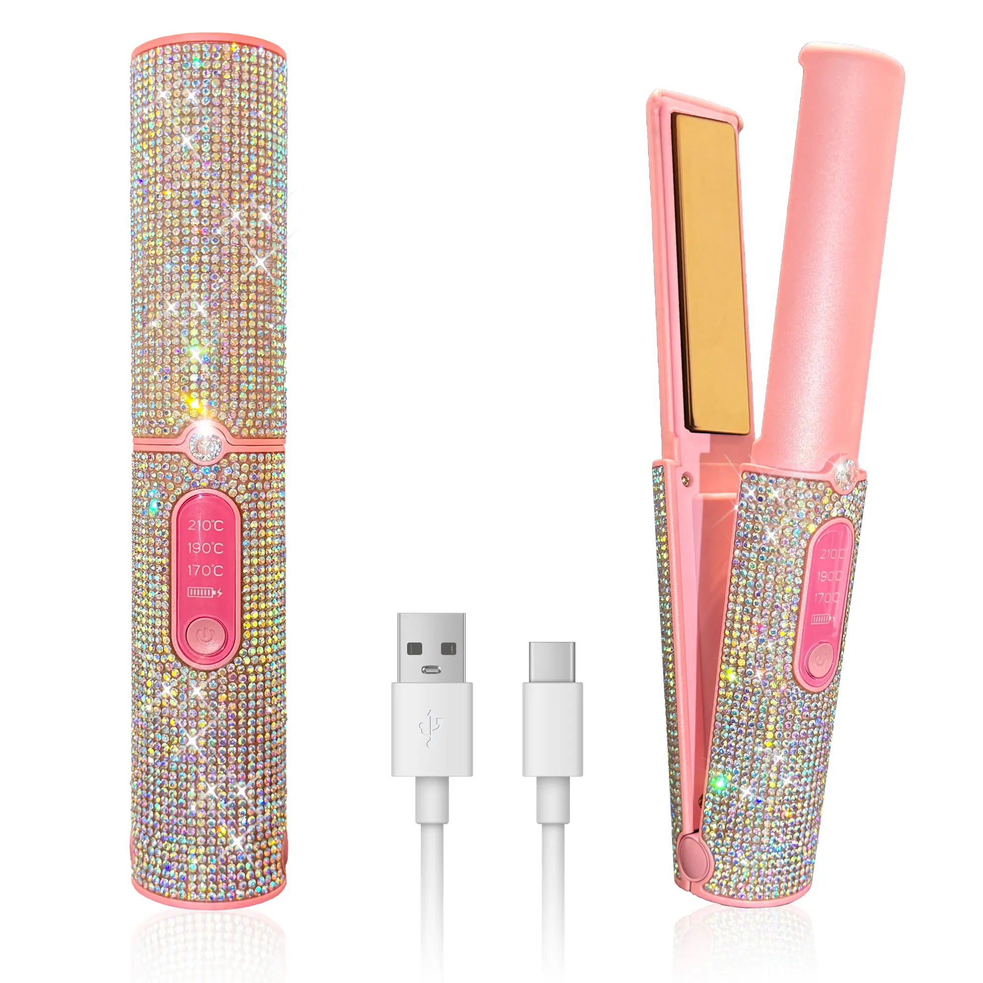Colored Diamond 2-in-1 Hair Straightener & Curler, Cordless Rhinestone Decor Travel Iron, 3-Temperature Adjustable, 5000mAh Rechargeable Daily Styler, 2-In-1 Tool, Straightening