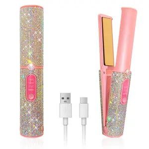 Cordless Hair Straightener with Pink AB Rhinestones, Portable Mini Flat Iron, USB-C Rechargeable Hair Styler, Adjustable Heat Travel Hair Tool