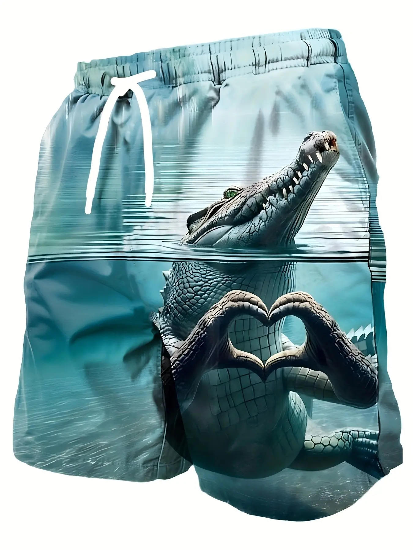 Men's Crocodile Heart Print Beach Shorts, Lightweight Polyester Drawstring Waist, Casual Loose-Fit Graphic Swim Trunks for Summer Activities