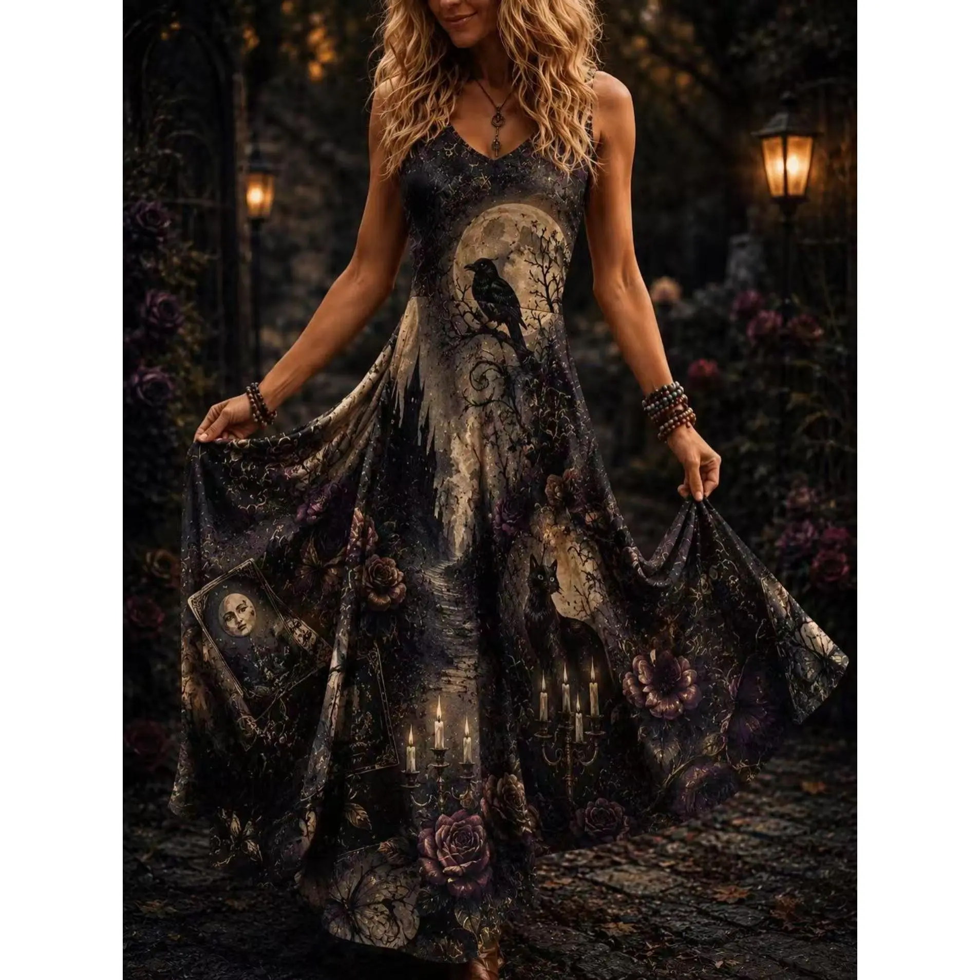 [Halloween New] Black background retro gothic full moon castle crow black cat tarot rose candlestick suspender long dress V-neck waist big swing mysterious witch wind bohemian party dress