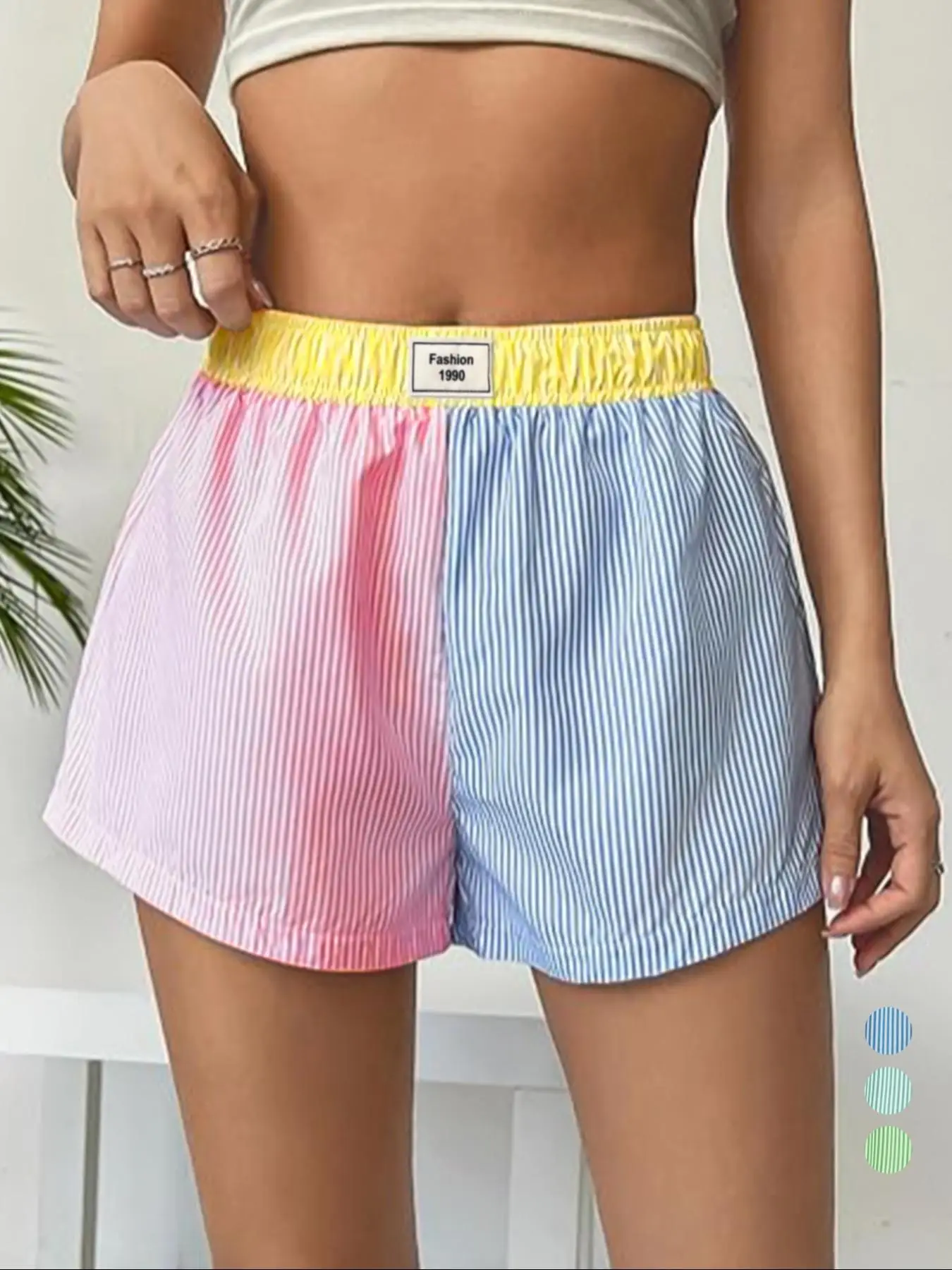 Women's Patchwork & Striped Print Elastic Waist Shorts, Casual Letter Patched Shorts, Women's Bottoms for Daily Wear