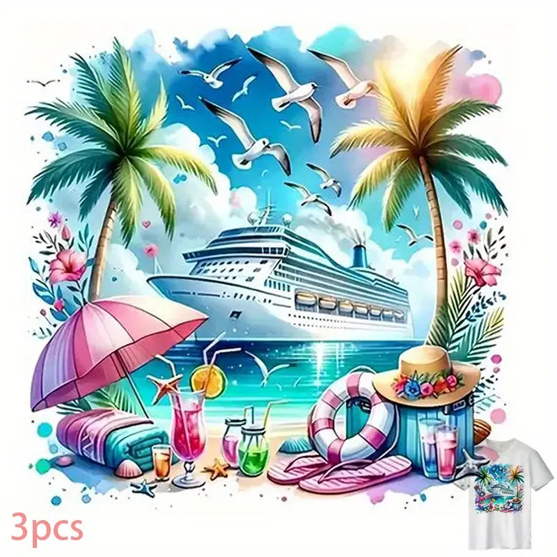 3 Pack Tropical Palm Tree Flower Iron On Transfers Beach Vacation T Shirt Stickers Heat Transfer Appliques for Backpack Pillow Cruise Sailboat DIY Crafts High Tenacity Tear Resistant Decals
