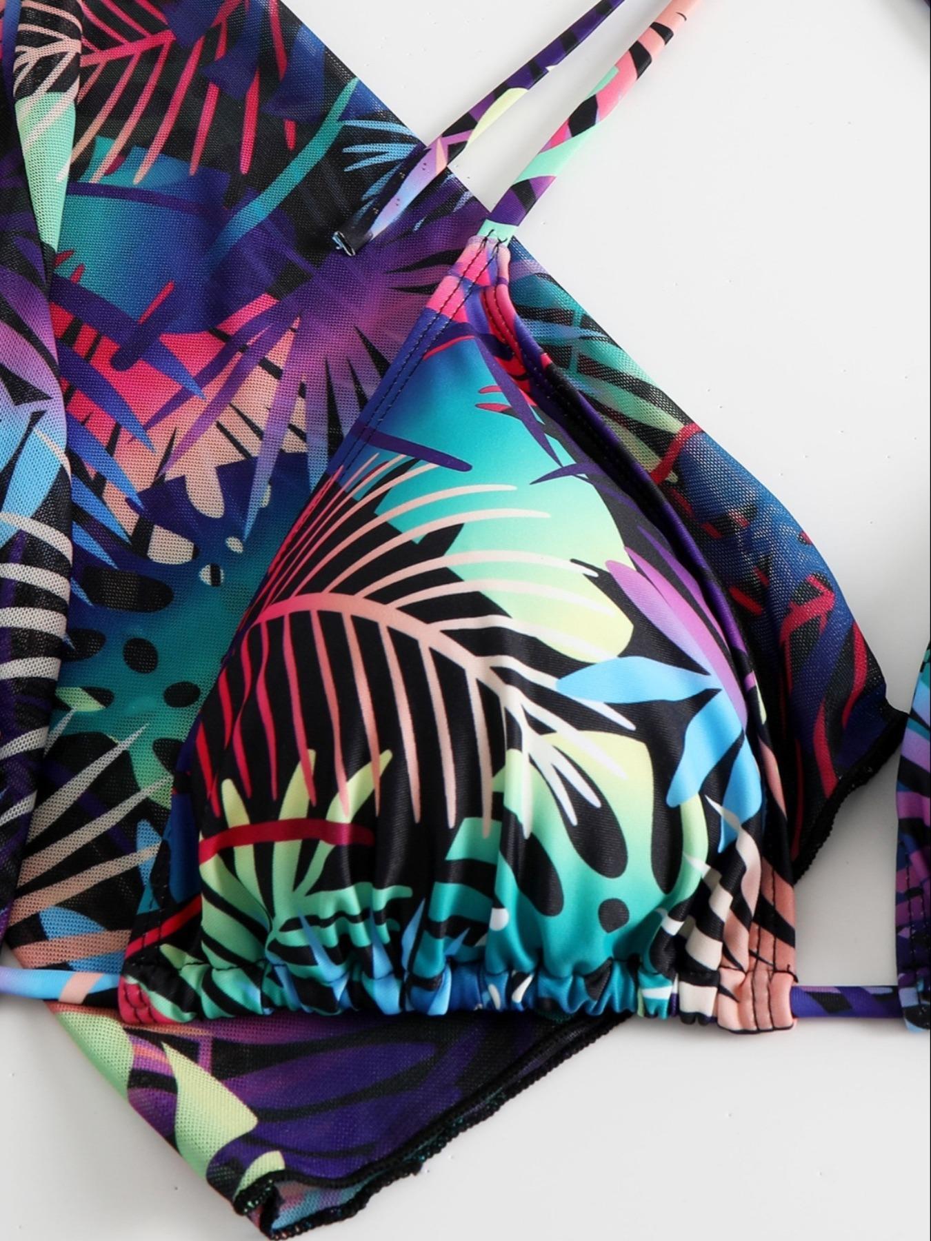 Three-piece Set Women's Plants Print Swimsuit Set, Including Swimsuit Cover Up & Halter Top & Panty, Fashion Chic Ladies Bathing Suit for Beach Holiday Vacation, Leaf Print Bikini