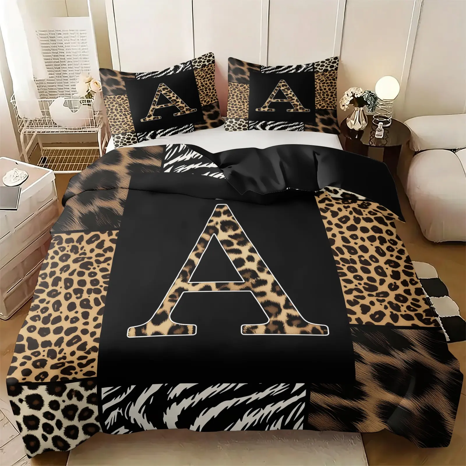 Leopard Print Custom Initial A‑M Decorative Duvet Cover Set 2/3Pcs, 1 Duvet Cover +1/2 Pillowcases, Personalized Single Letter Leopard Pattern Microfiber Bedding, Hidden Zipper & Inner Corner Ties, No Comforter & Pillow Inserts for Bedroom Dorm Decor