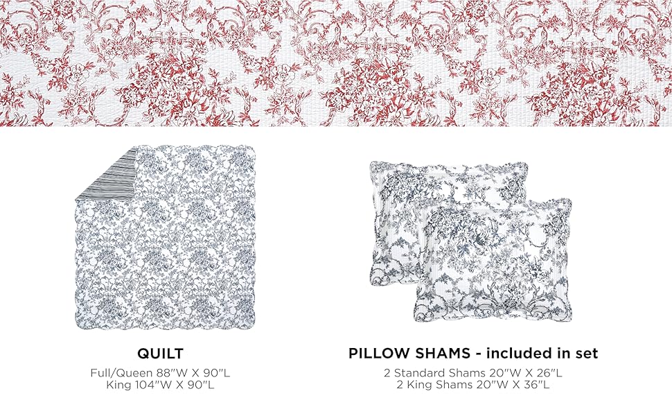 Toile 3-Piece Reversible Set - Lightweight Coverlet Set, Floral Vintage Quilted Bedding Set with 2 Shams, All, Full Queen Size, Blue |   Breathable, Reversible, Lightweight