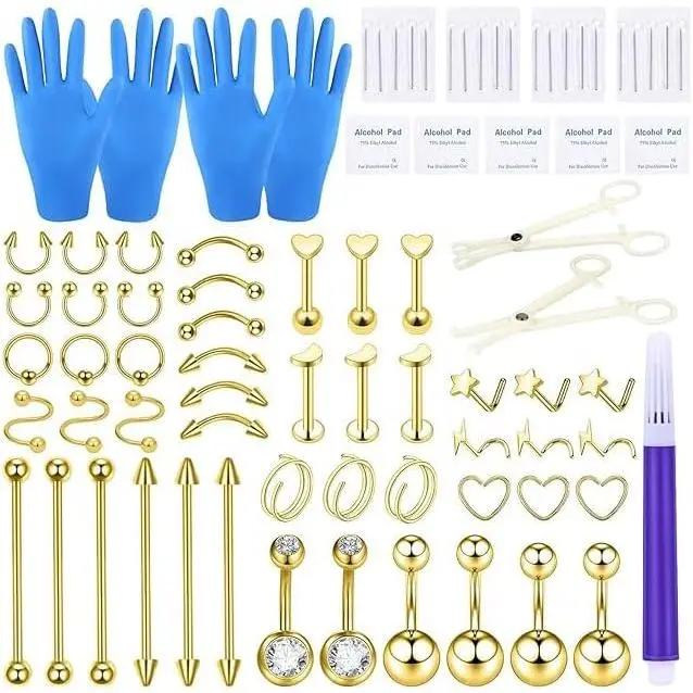 80Pcs Piercing Kit 316L Stainless Steel Belly Button Ring Ear Nose Septum Piercing Jewelry 20G 18G 16G 14G 12G Piercing Tools with Clamps Gloves for Body Piercing