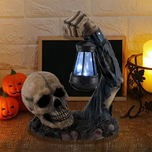 Halloween Skeleton Hand Statue with LED Blue Light Lantern, Spooky Realistic Skull Figurine, Scary Gothic Backdrop Tabletop Decor for Indoor Party, Haunted House Prop