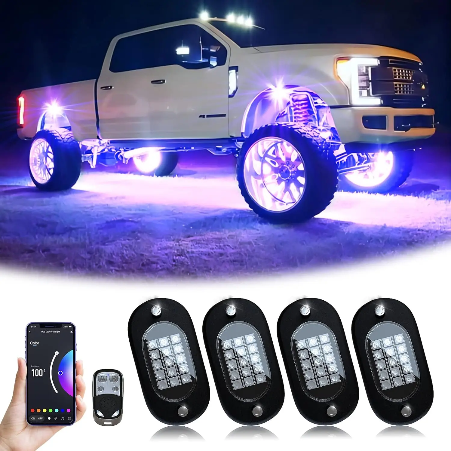 4 Pods RGB LED Rock Lights, 60 High Brightness LEDs Multifunction Underglow Neon Light Kit, Waterproof Design with APP and RF Remote Control, Multicolor Lighting for ATV, RZR, UTV, SUV and Off-Road Vehicles, DC 12V