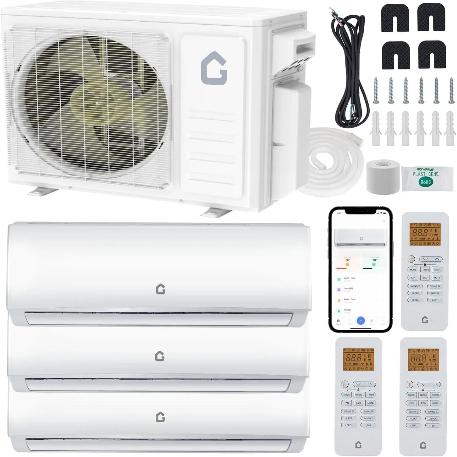 Garvee 35000 BTU Mini Split AC/Heating System, 3 Zone (9000+9000+12000 BTU) Air Conditioners, WiFi & Alexa Control, Pre-Charged Outdoor Condenser, Ultra-Quiet, Heat Pump, 208-230V