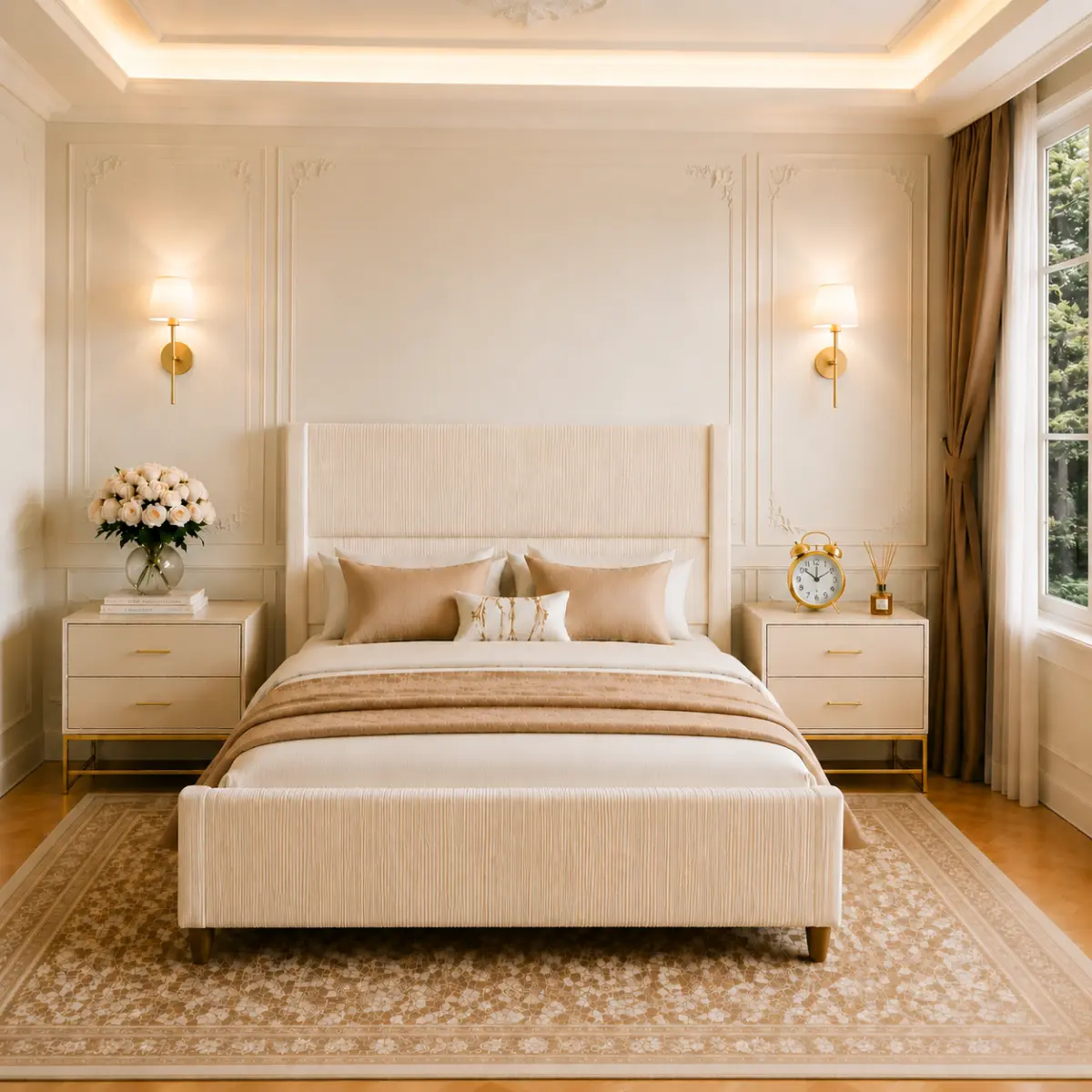 Beige Corduroy Full Size Bed Frame with Vertical Striped Padded Wingback Headboard, Metal Frame Engineered Hardwood Slats & Walnut Tapered Legs, 800 LBS Capacity No Box Spring Needed for Bedroom