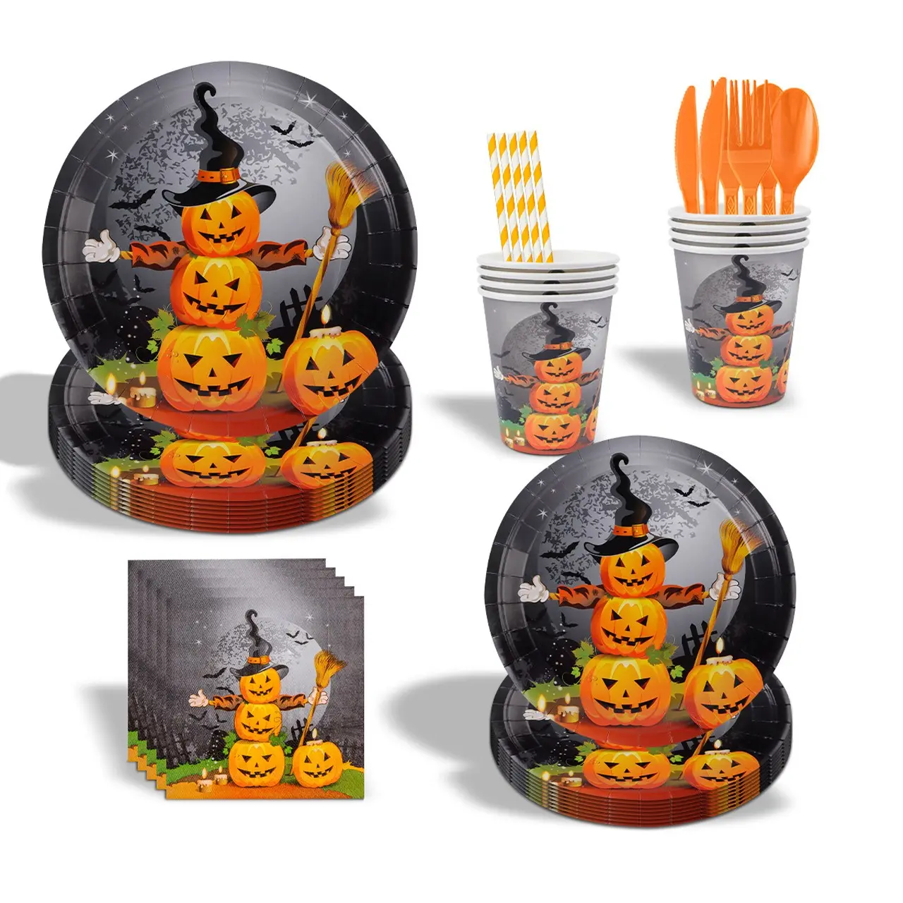 Halloween Party Tableware Set, Includes Paper Plates, Cups, Forks, Napkins, Pumpkin Theme, Perfect for Halloween Festive Events