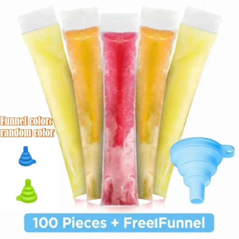 100 Pack Disposable Ice Pop Mold Bags with Funnel, BPA-Free Ziplock Popsicle Pouches, Popsicle Molds for Homemade Snacks, DIY Freezer Tubes for Yogurt, Juice and Fruit Smoothies, Portable Ice Candy Maker for Summer Parties and Kids, Kitchen