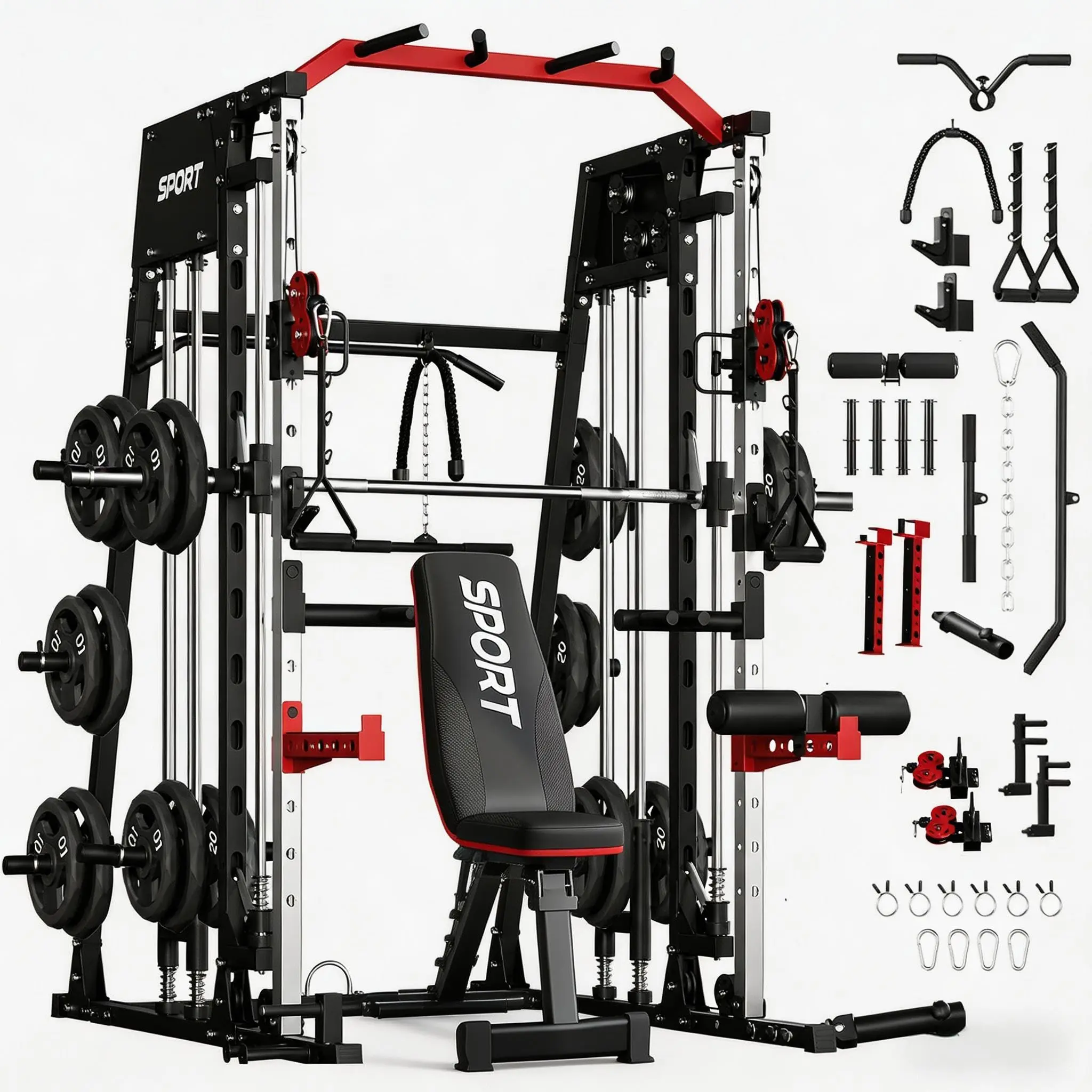 GAOMON Functional Smith Machine Home Gym Workout Equipment - Adjustable Weights Compatible, Squat Rack, Weight Bar, Dual Systems LAT Pull-Down & Cable Crossover, with Bench for Full-Body Training