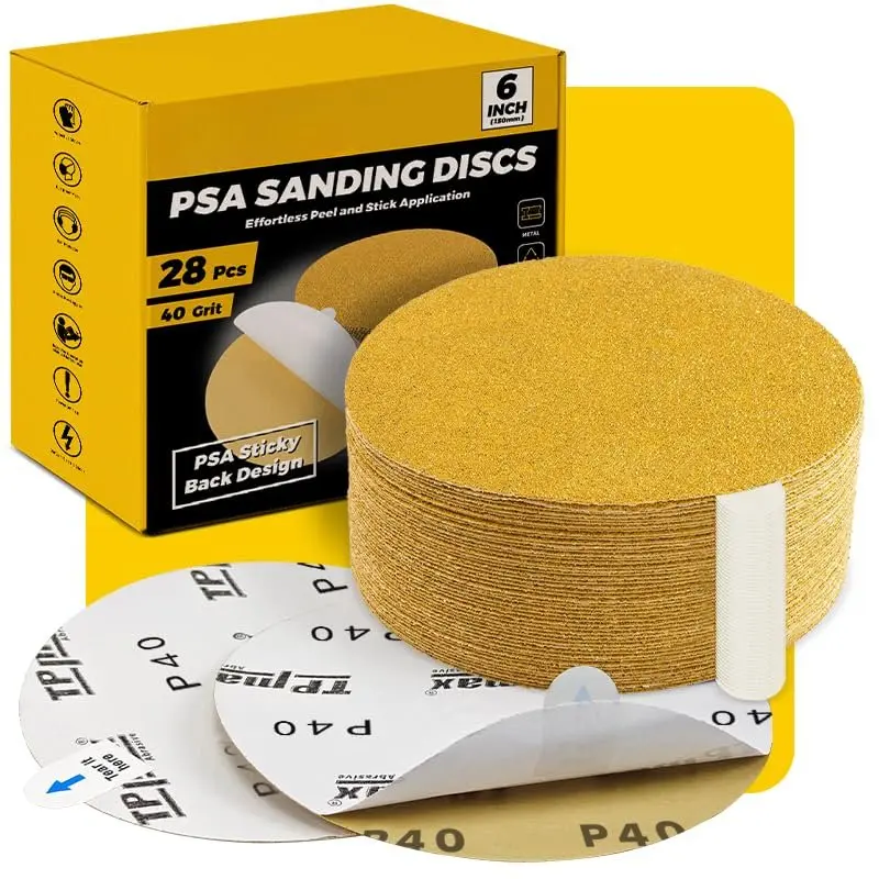 6-Inch 40-Grit  PSA Sanding Discs, 28 Pack – Pro-Grade Self-Adhesive Stickyback Sandpaper with Quick-Release Tabs for DA Sander, Coarse Automotive//Metal Sanding